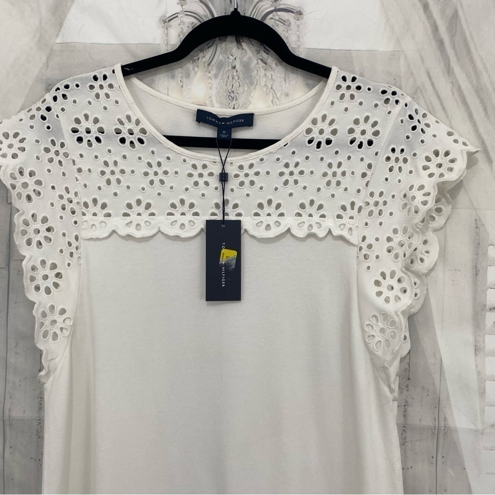 Tommy Hilfiger Size Medium M Cream White Eyelet Dress Flutter Sleeve Pullover - Picture 8 of 14